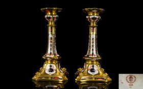 Royal Crown Derby Fine Quality Pair of Old Imari Gold Band Large and Impressive Candlesticks.