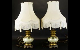 A Pair Of Antique Brass And Pearlescent Glass Table Lamps Two in total, each with foliate design