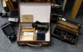 Mixed Lot Comprising Bergheil Compur Camera, Collection Of Glass Plates, Leather case etc