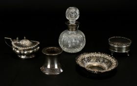 Small Mixed Silver Lot Comprising Pierced Bon Bon Dish, Match Striker, Lidded Trinket Box,