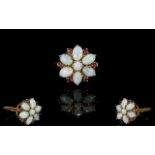 Ladies 9ct Gold - Attractive Opal and Garnet Set Cluster Ring, Flower head Design,