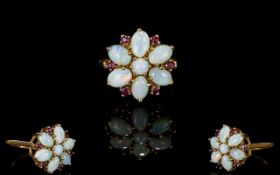 Ladies 9ct Gold - Attractive Opal and Garnet Set Cluster Ring, Flower head Design,