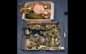 Two Boxes Containing A quantity Of Brass And Copper Ornaments To Include Animal Figures Candle