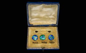 Set Of Three Art Nouveau Enameled Silver Buttons. In Fitted Box.