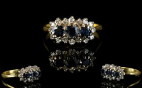 18ct Gold Sapphire and Diamond Set Dress Ring, The Three Sapphires Surrounded by 20 Diamonds.