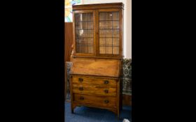Early 20thC Oak Bureau Bookcase with leaded glass top and fall front to base with three storage