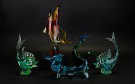 Murano Collection of 1970's Multi-Coloured Glass Figurines ( 5 ) Five In Total. Various Subjects and