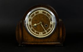 English Made - Nice Quality 1930's 8 Day - Oak Cased Striking Mantel Clock, Strikes on a Gong, 1/2