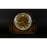 English Made - Nice Quality 1930's 8 Day - Oak Cased Striking Mantel Clock, Strikes on a Gong, 1/2