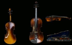Three Quarter Size Violin In Wooden Case With Bow, Re-String, Two Piece Back, Stradivarius Paper