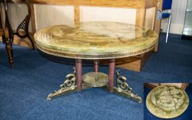 Italian Onyx Style Brass Circular Coffee Table, Brass Mounts, Central Trefoil Support, Diameter 35