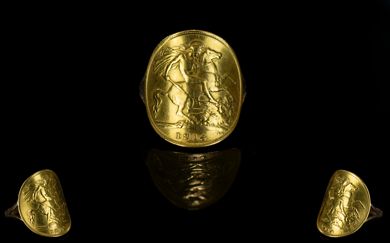 22ct Half Sovereign Ring, with 9ct Gold Shank, Half Sovereign Is Dated 1914. Total 4.8 grams.