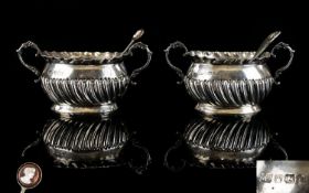 Edwardian Period Pair of Twin Handled Silver Salts with Spoons and fluted bodies design with