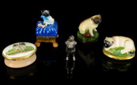 A Collection Of Five Pugs To include a Halcyon Days enamel pill box displaying 'Lindy & Dolly'