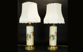 A Pair of Canadian Tall and Impressive Cylindrical Shaped Ceramic and Brass Mounted Table Lamps of