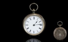 Ladies Swiss Made Key Wind Ornate Silver Open Faced Small Pocket Watch. Marked 93.5 Silver.