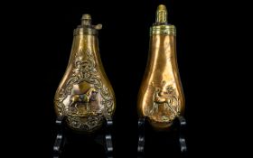 British - Early 19th Century Copper and Brass Powder Flasks ( 2 ) Two In Total. Decorated with