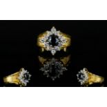 18ct Gold - Diamond and Sapphire Cluster Ring, Flower head Design and Setting.