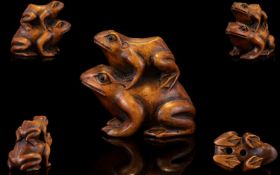 Japanese - 19th Century Superb Quality Carved Boxwood Signed Netsuke. Depicts Two Frogs / Toads, The