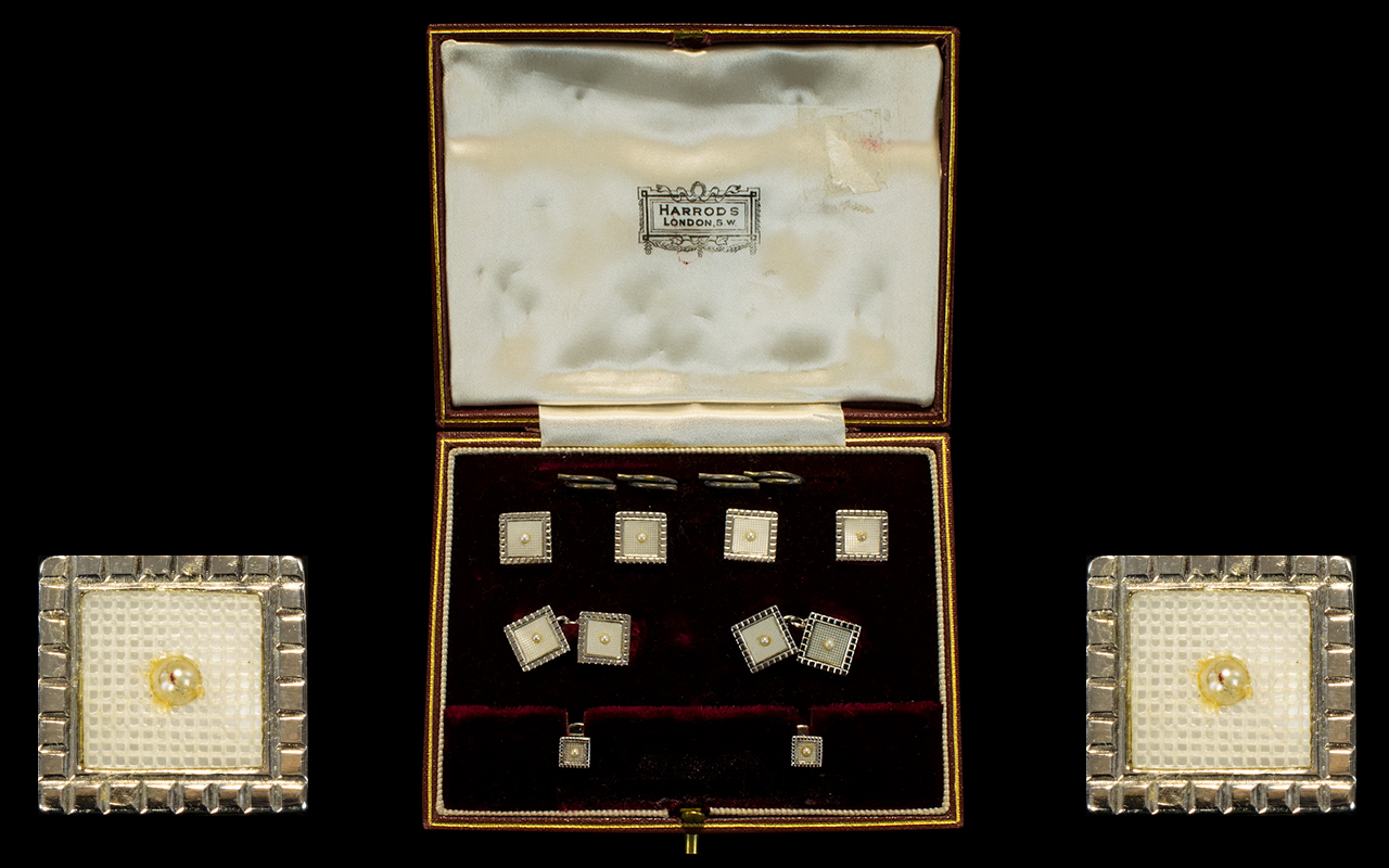 Antique Harrods Boxed White Gold Stud Set.