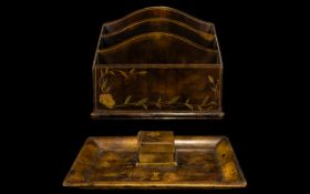 Antique Tooled leather Letter Rack Three aperture desk standing stationary organiser with aged