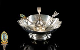 Three Silver Teaspoons And Silver Footed Dish Four items in total to include silver oval bon bon