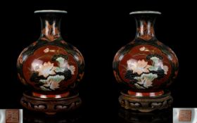Japanese Pair of Ceramic Early 20th Century Globular Shaped Vases, Decorated with Images of Water