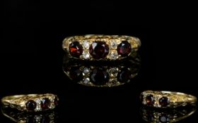 Antique - Gallery Set 9ct Gold Diamond and Garnet Edwardian Dress Ring. Marked 9ct Gold.