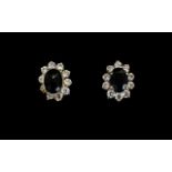 18ct Gold - Pair of Nice Quality Sapphire and Diamond Earrings, In Flower head Design.