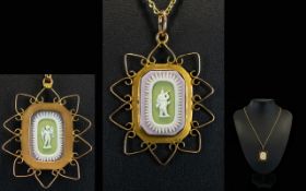 Antique Period Good Quality Wedgwood 9ct Gold Mounted Two Sided Celdon - Cameo Pendant Drop,