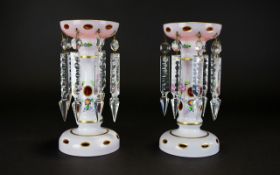 A Pair Of Overlayed Glass Lustres. Cranberry Ground With White Overlay. Florally Decorated With