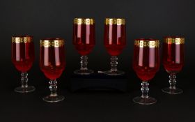 Venetian 1960's Set Of Six Hand Blown Ruby Glass Goblets with painted gold bands to neck. Stunning