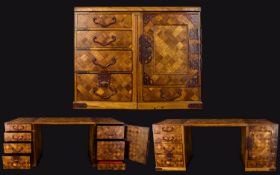 Japanese Antique Tansu, Parquetry Travelling Writing Desk, The Removable top flanked by four drawers