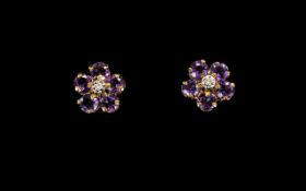 14ct Gold Amethyst and Diamond Set Pair of Earrings. Marked for 14ct. The Amethysts of Excellent