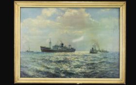 Cunard Shipping Interest Framed Print Titled, 'S.S. Manaar In Liverpool Bay Housed in original