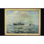 Cunard Shipping Interest Framed Print Titled, 'S.S. Manaar In Liverpool Bay Housed in original