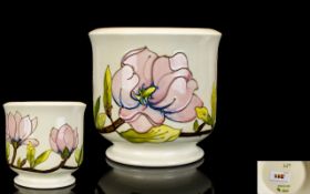 Moorcroft Large Tube lined Jardiniere ' Pink Magnolia ' on Cream Ground. c.1980's. Monogrammed to