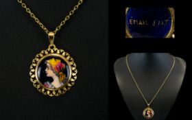 Antique - 14ct Gold Limoges ( Email D'art ) Gypsy Circular Pendant, with Attached 9ct Gold Chain.