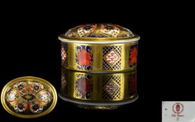 Royal Crown Derby Oval Shaped Old Imari Gold Band Lidded Trinket Box. Pattern No 1128 & Date 1992.