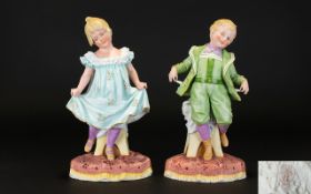 Heuback - German Fine Quality Pair of Hand Painted Bisque Figures of a Young Boy & Girl,