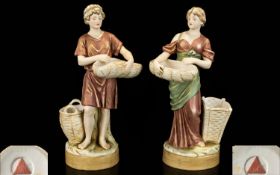Royal Dux Bohemia Pair of Handpainted Porcelain Figures, Depicting male and female figures with