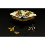 A Ceramic Chinese Trinket Box In The Form Of A Fan Containing Four Items Of Costume Jewellery Cream