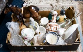 Box of Assorted Collectables including ceramics, glass ware, a horse figure and glass bell ornaments