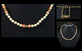 Ladies Coral and Pearl ( Cultured ) Necklace / Collar. Set with 9ct Gold Spacers and Clasp. Fully