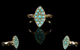 Antique Period - Nice Quality Solid Gold Marquise Shaped Turquoise Set Dress Ring.