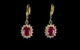 Ruby and Natural White Zircon Drop Earrings,