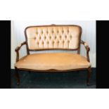 Antique Love Seat Mahogany frame with carved daisy detail to back rest carved apron and legs, the