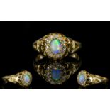 Antique Period 18ct Gold Opal and Diamond Gallery Set Dress Ring. The Central Opal Surrounded by