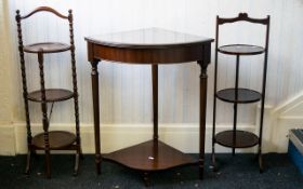 Mahogany Corner Unit Along With Two Antique Cake Stands. Corner unit with glazed top and