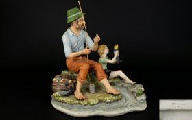Capodimonte Early Hand Painted And Signed Ceramic Figure Father and son fishing on the beach, signed